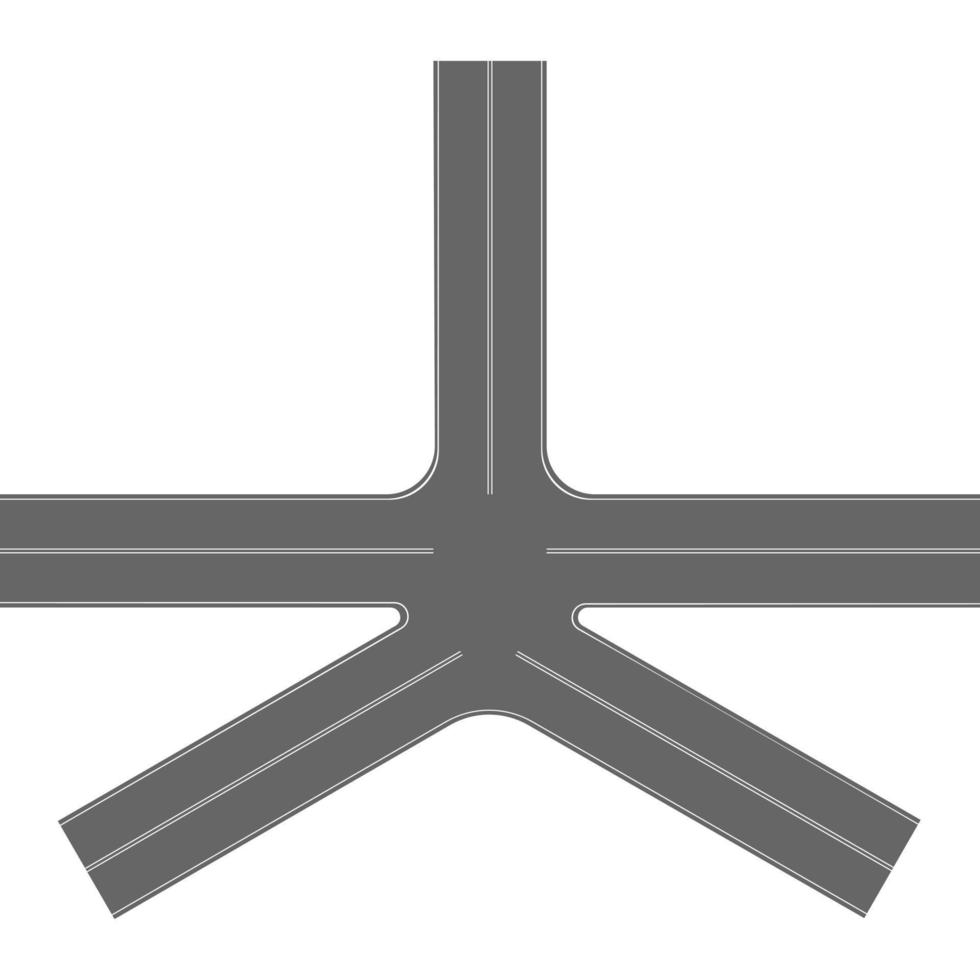 vista superior do cruzamento de estrada de cinco maneiras. parte da estrada com marcação isolada no fundo branco. elemento de estrada para mapa da cidade vetor