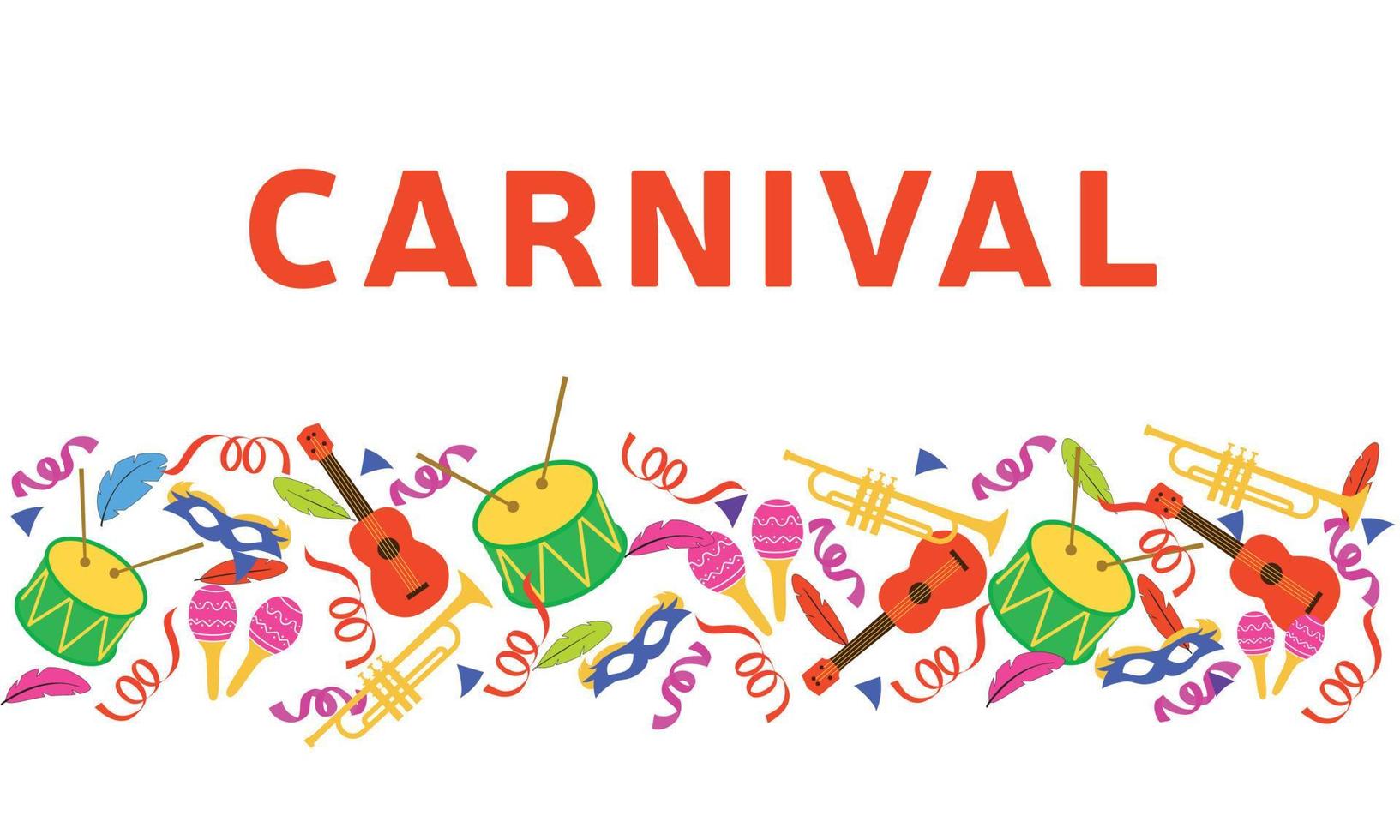 carnaval de banner com muitos instrumentos musicais. tambor, cavaquinho, trompete, maracas. ilustração vetorial. vetor
