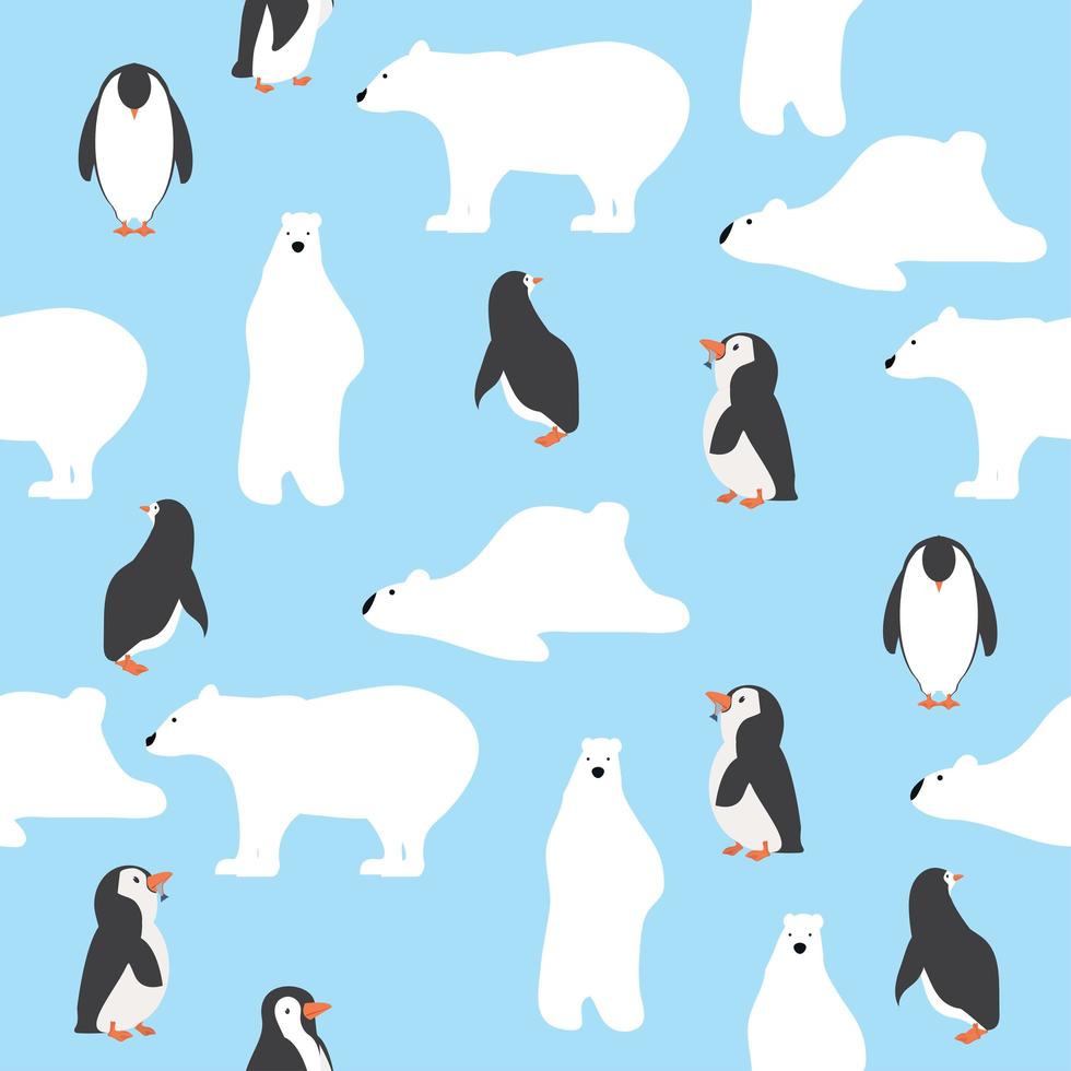 ursos polares fofos com padrão sem emenda de pinguins vetor