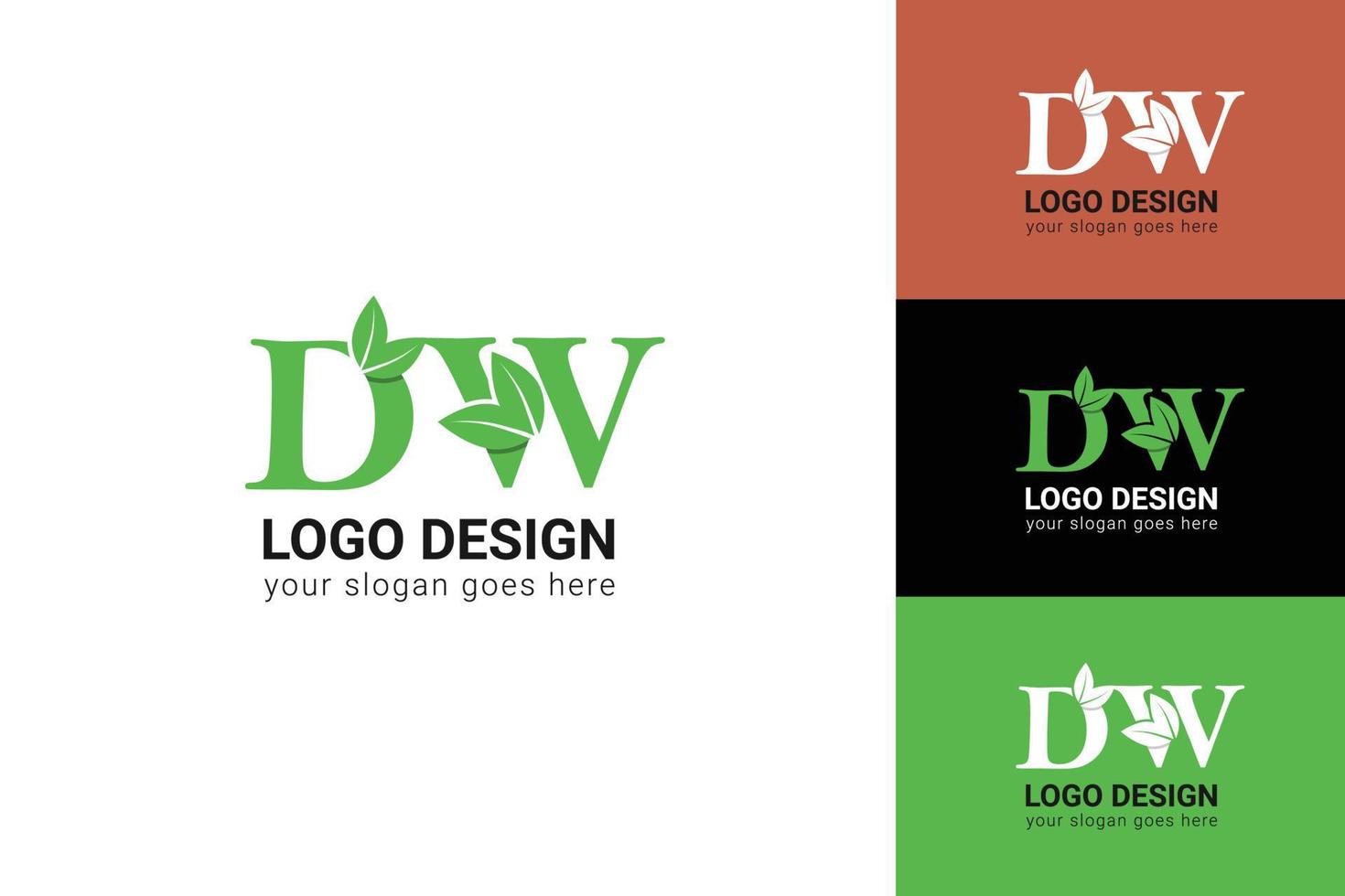 dw letras eco logotipo com folha. tipo de letra vetorial para pôsteres da natureza, emblema ecológico, identidade vegana, cartões de ervas e botânicos, etc. logotipo de letras dw de ecologia com folha. vetor