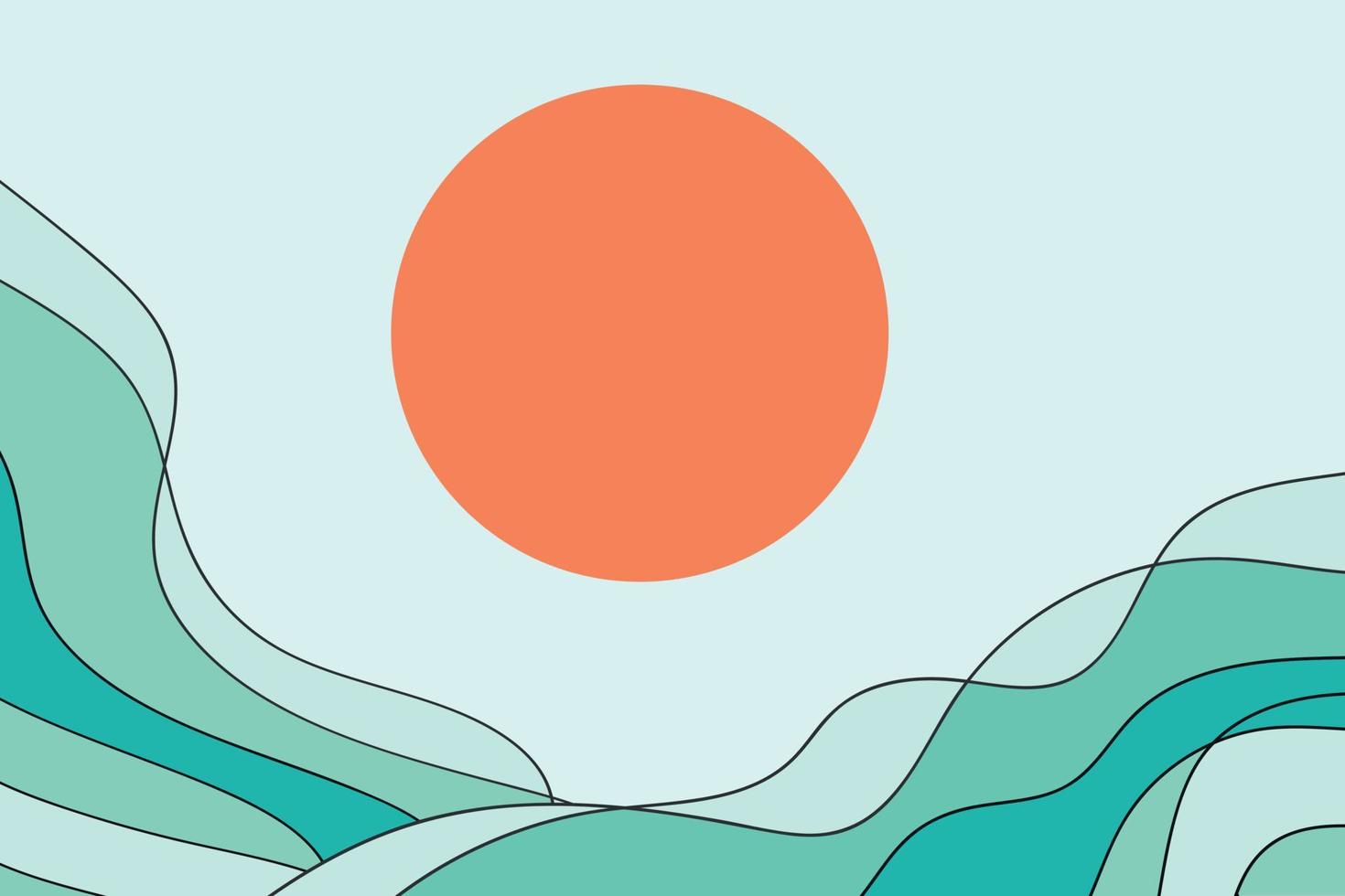 sol sob as ondas. arte simples. ondas do mar azul e sol laranja no céu. arte vetorial vetor