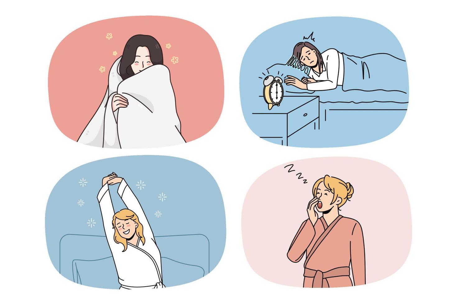 coleção de mulheres em roupas de casa acordadas do sono noturno bocejam e suspiram e sentem fadiga. conjunto de meninas de pijama acordam da soneca ou sonho. dormir bem e mal. ilustração vetorial. vetor