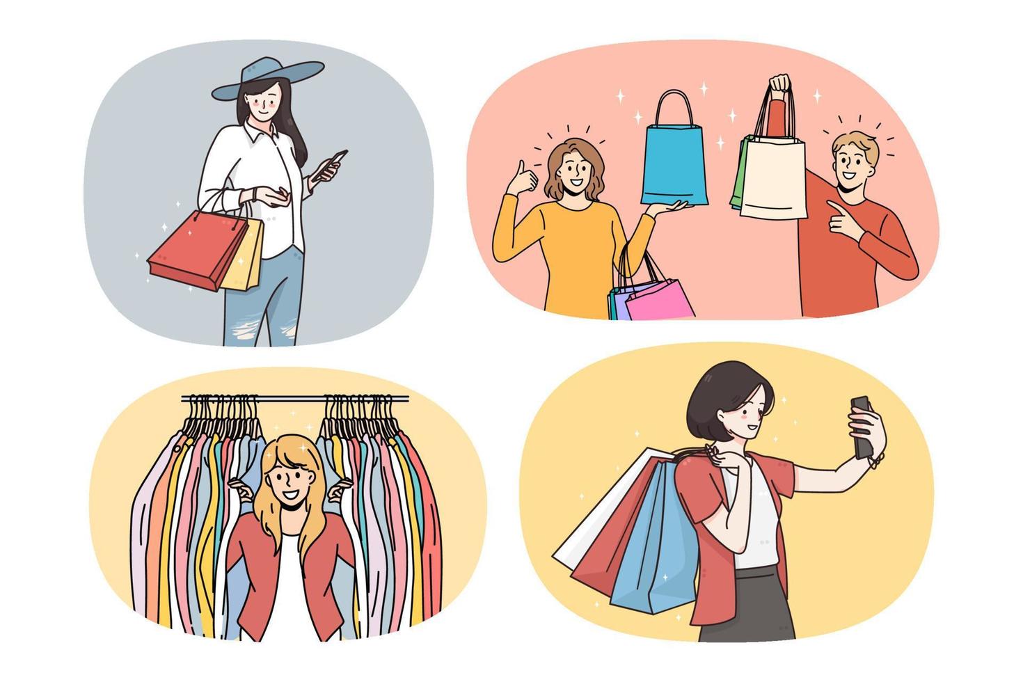 conjunto de mulheres felizes comprando em vendas no shopping ou boutique. coleção de meninas sorridentes com bolsas compram roupas em promoções ou descontos. consumismo e compra. ilustração vetorial. vetor