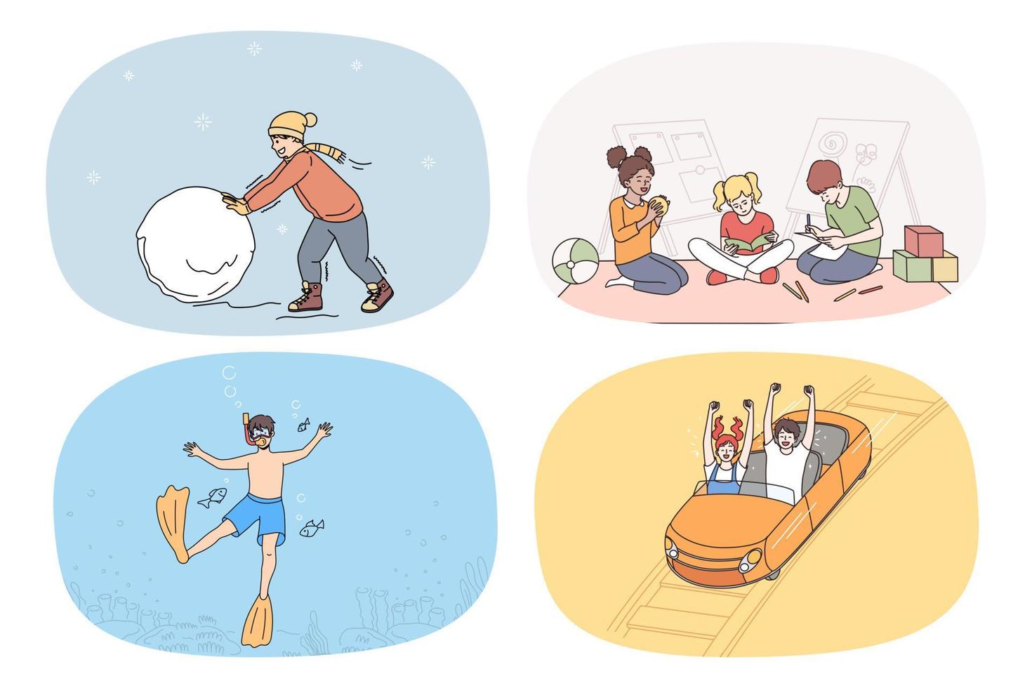 conjunto de crianças pequenas sorridentes se divertem relaxam no fim de semana de lazer. coleção de crianças felizes e felizes brincam com amigos, divertem-se com jogos e atividades. infância e educação. ilustração vetorial. vetor