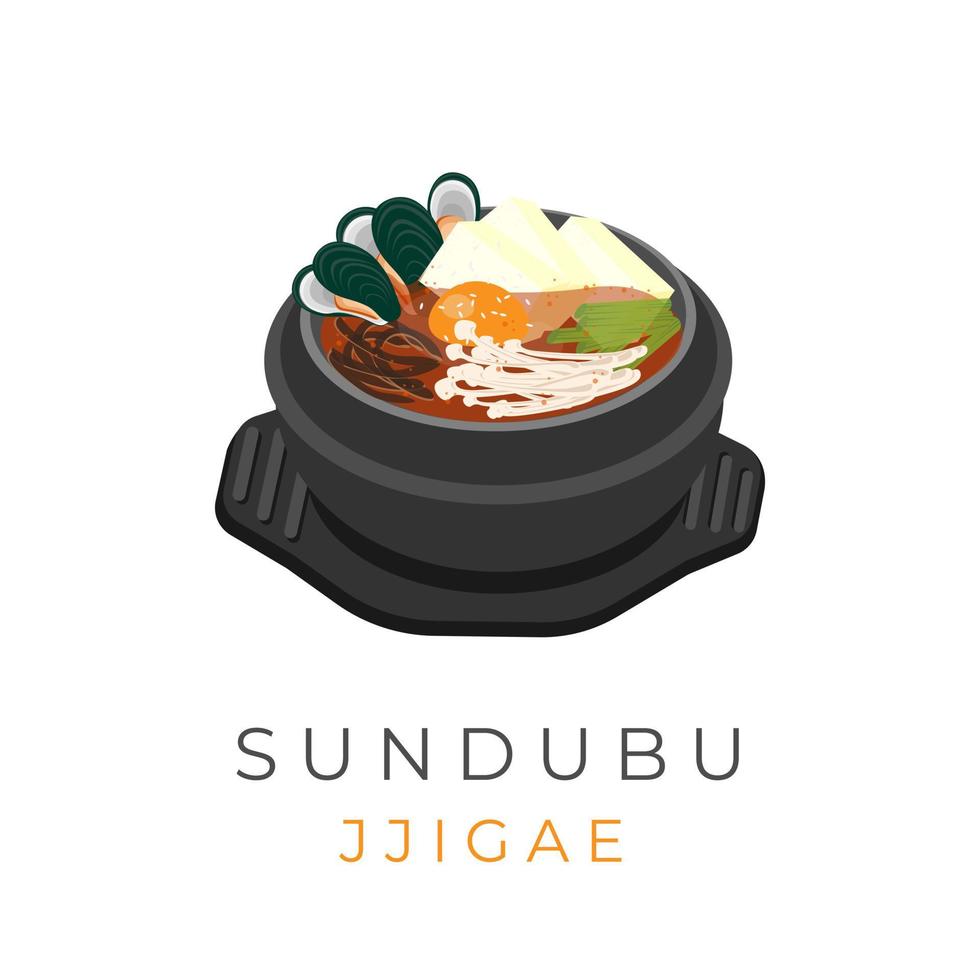 ilustração logotipo comida coreana sundubu jjigae servido quente dentro ttukbaegi vetor