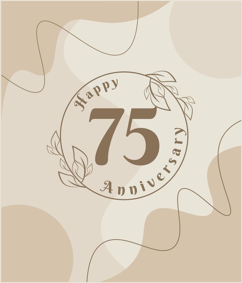 Aniversário de 75 anos, logotipo minimalista. ilustração vetorial marrom no design de modelo de folhagem minimalista, deixa desenho de tinta de arte de linha com fundo vintage abstrato. vetor