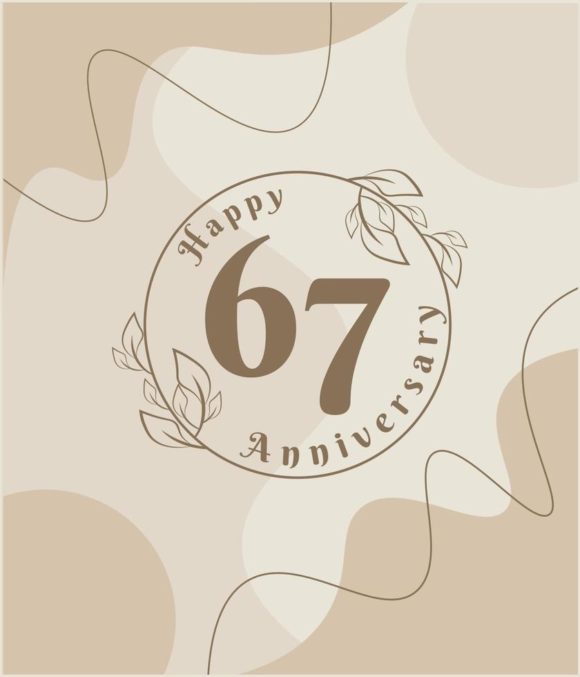 Aniversário de 67 anos, logotipo minimalista. ilustração vetorial marrom no design de modelo de folhagem minimalista, deixa desenho de tinta de arte de linha com fundo vintage abstrato. vetor