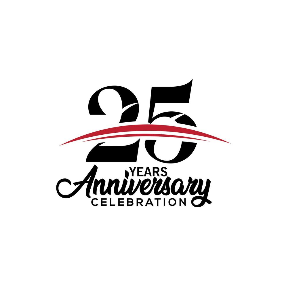 Modelo de design de celebração do 25º aniversário para livreto com cor vermelha e preta, folheto, revista, pôster de folheto, web, convite ou cartão de felicitações. ilustração vetorial. vetor