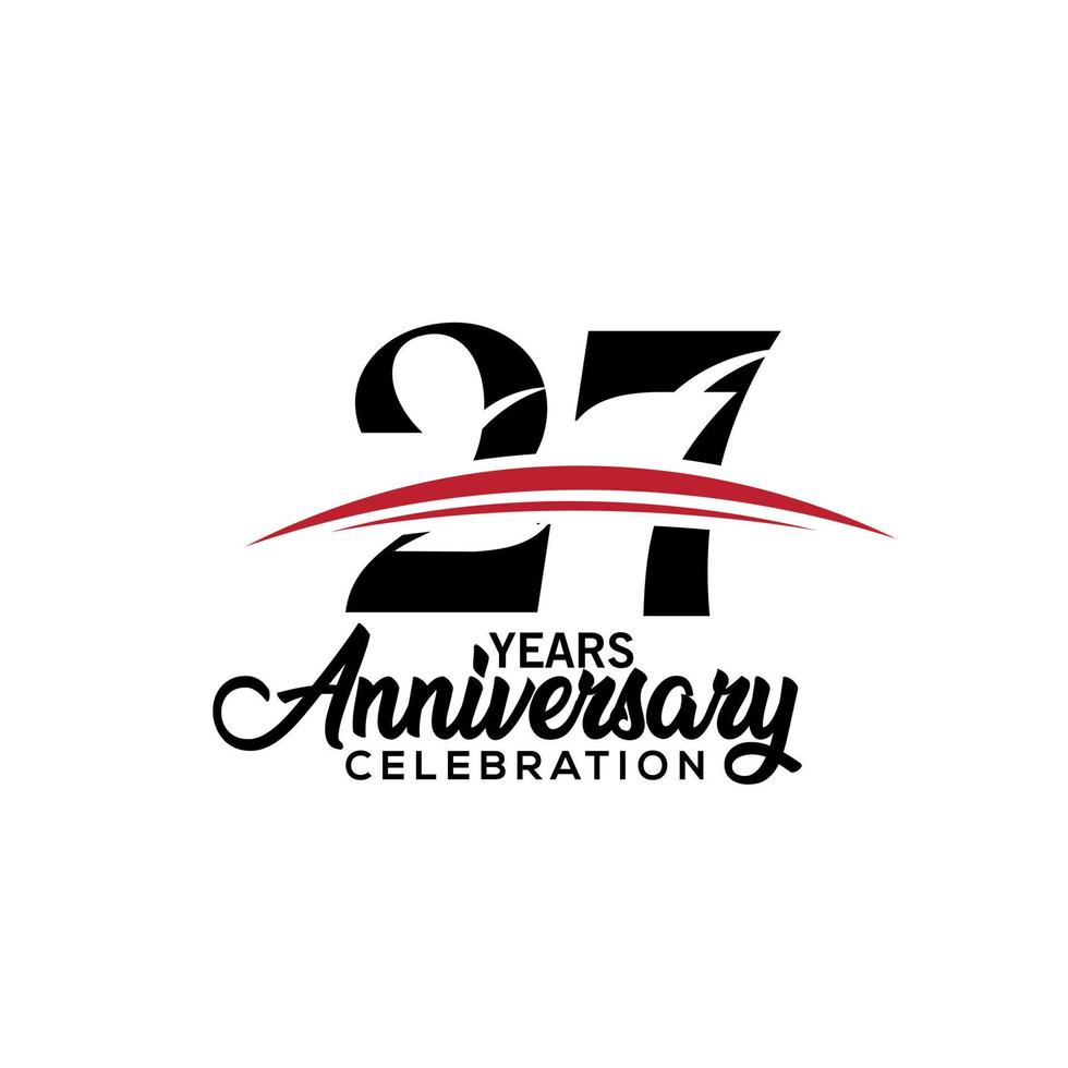 Modelo de design de celebração do 27º aniversário para livreto com cor vermelha e preta, folheto, revista, pôster de folheto, web, convite ou cartão de felicitações. ilustração vetorial. vetor