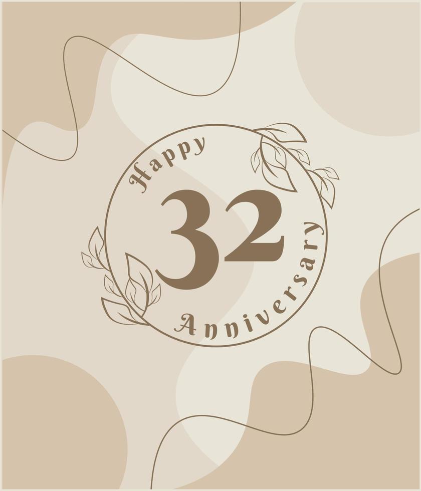 Aniversário de 32 anos, logotipo minimalista. ilustração vetorial marrom no design de modelo de folhagem minimalista, deixa desenho de tinta de arte de linha com fundo vintage abstrato. vetor