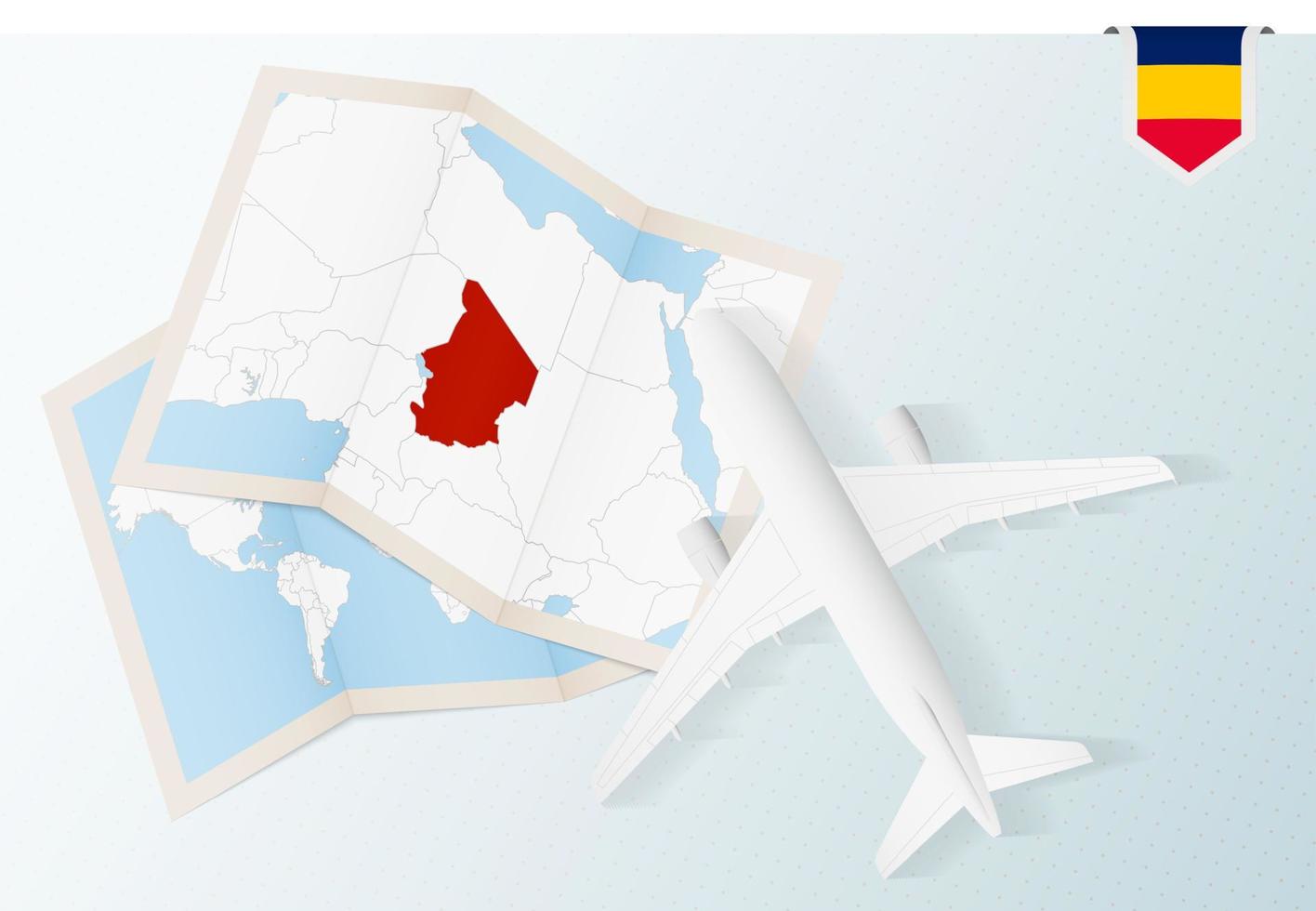 viajar para o Chade, avião de vista superior com mapa e bandeira do Chade. vetor
