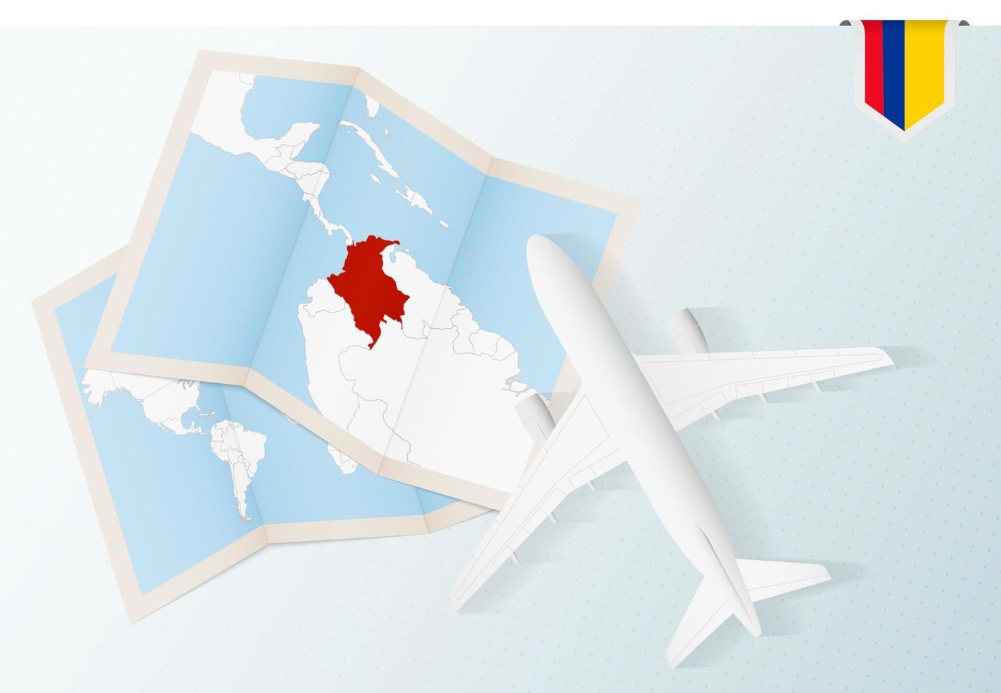 viajar para a colômbia, avião de vista superior com mapa e bandeira da colômbia. vetor