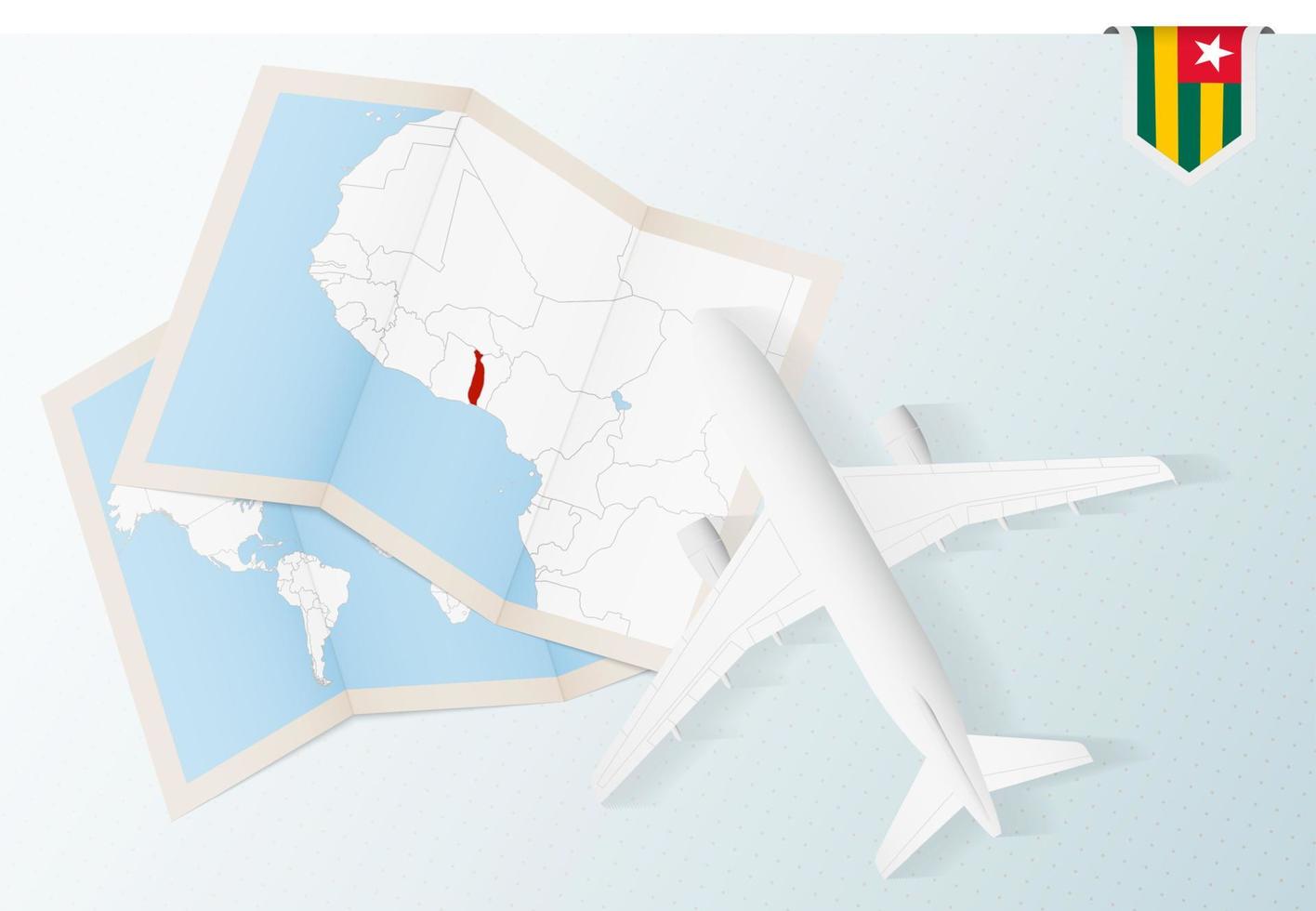 viajar para o togo, avião de vista superior com mapa e bandeira do togo. vetor