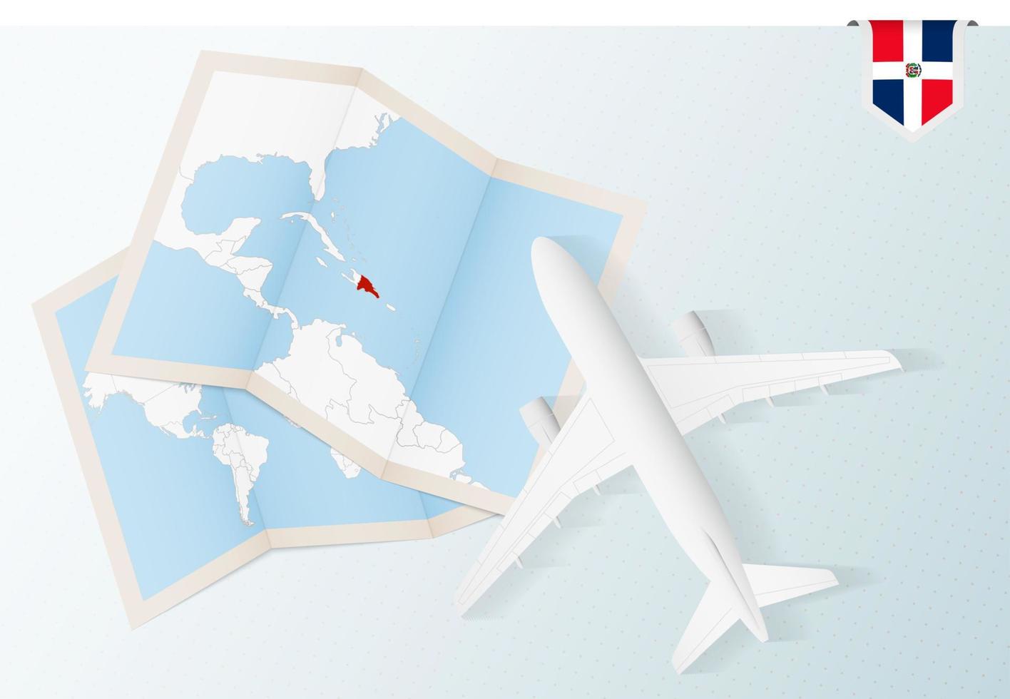 viajar para a república dominicana, avião de vista superior com mapa e bandeira da república dominicana. vetor