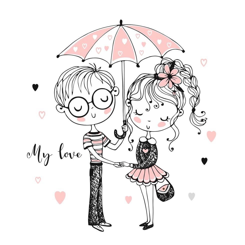 menino bonito e menina sob o guarda-chuva. encontro. vetor