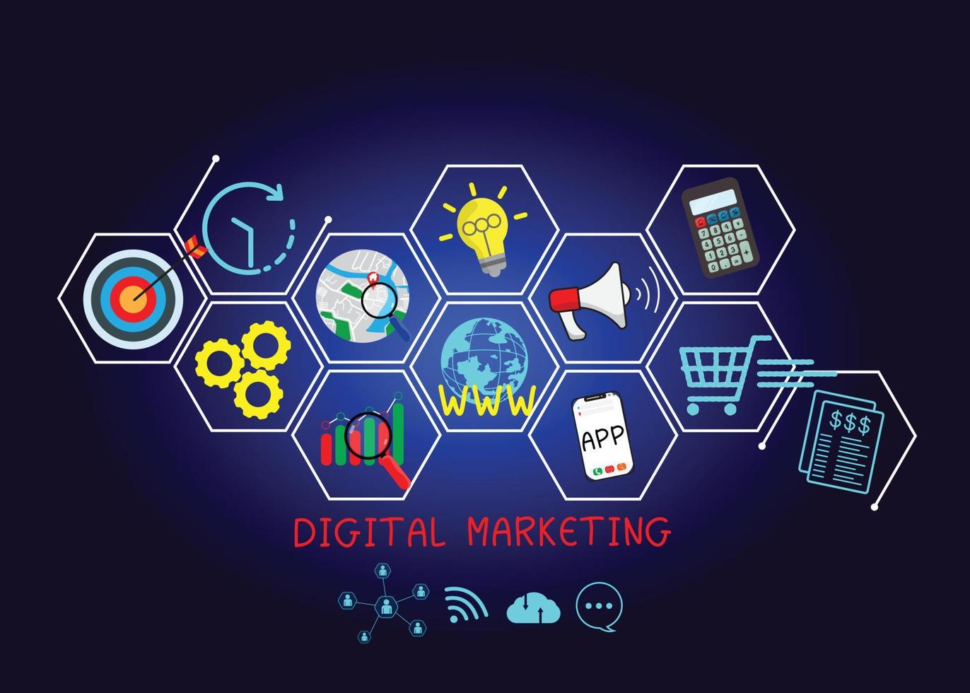 materiais de marketing digital de conceito anunciam seu site, e-mail, rede social, seo, vídeo, aplicativo móvel com ícones e analisam roi e estratégia. vetor