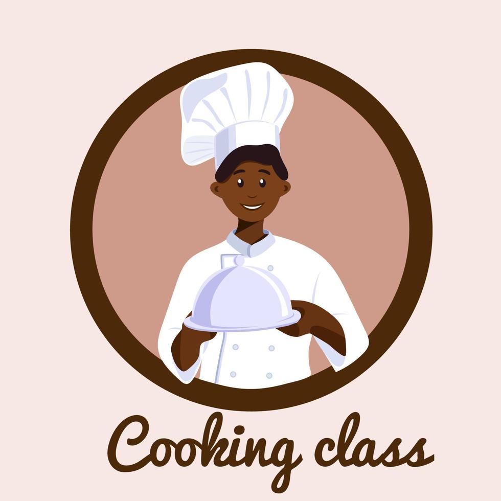 chef com um prato nas mãos. ilustração de aula de culinária. um cozinheiro de pele escura em um uniforme branco. ilustração do conceito do negócio de restaurante. ilustração em vetor de um personagem de desenho animado.