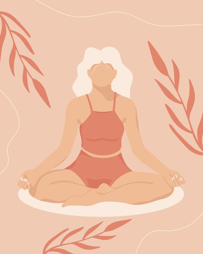 cartaz com uma garota em posição de lótus no estilo boho. ilustração vetorial. estilo plano. mulher fazendo ioga e meditação. vetor