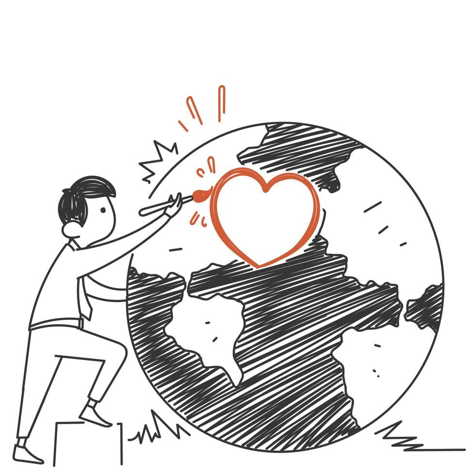 rabisco desenhado à mão desenhando coração de amor em uma ilustração do globo terrestre vetor