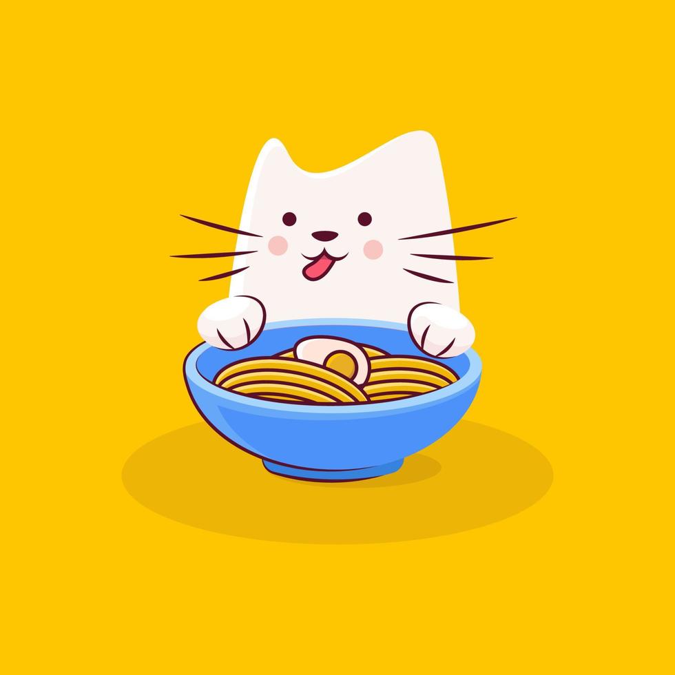 personagem de gato fofo gosta de ramen saboroso vetor