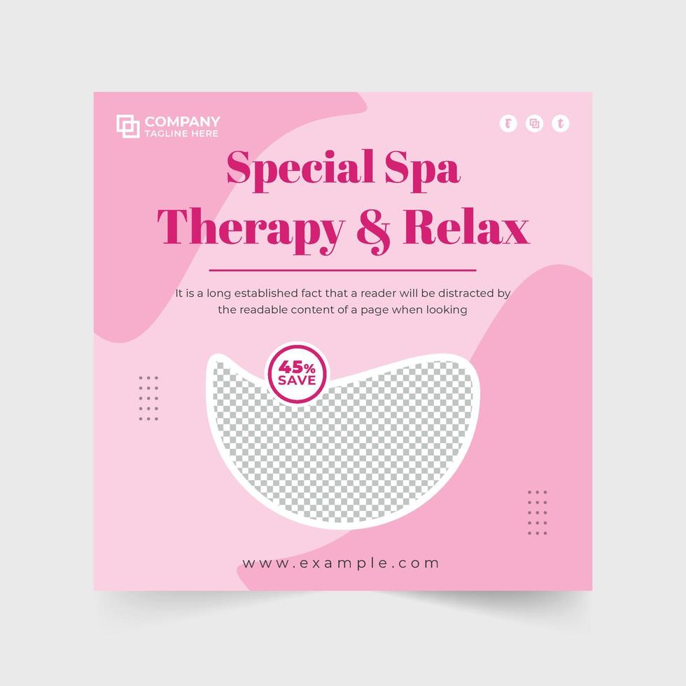 terapia de spa especial e vetor de banner promocional da web do centro de relaxamento com formas abstratas. massagem corporal moderna e vetor de postagem de mídia social de tratamento de spa com cores rosa. banner da web do centro de beleza.