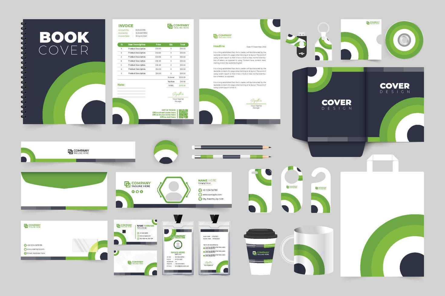 design de modelo de identidade de marca criativa com cores verdes e escuras. coleção de modelos de promoção de negócios corporativos para branding. cenografia de papelaria de escritório comercial para anúncio de marketing. vetor