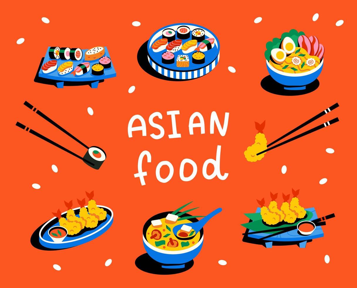 um conjunto de pratos asiáticos. comida asiática em pratos com pauzinhos chineses. sushi, sopa de missô, pãezinhos vetor
