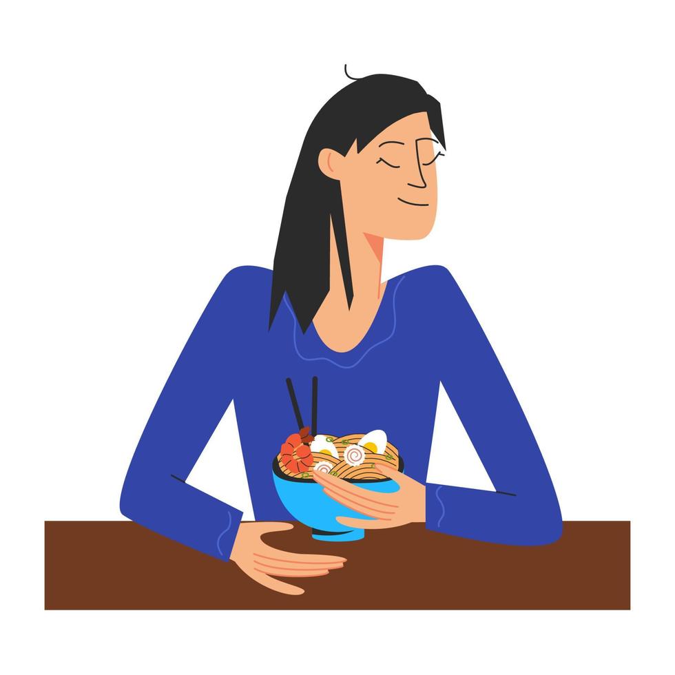 jovem sentada à mesa e comendo ramen comida popular japonesa. conceito de comida. ilustração de estoque vetorial isolada em fundo branco em estilo simples vetor