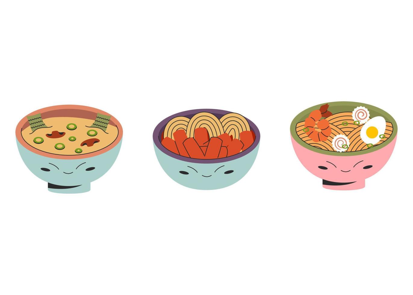 conjunto de três tigelas com comida asiática sopa de missô coreana tteokbokki estilo plano ramen japonês. ilustração em vetor estoque isolada no fundo branco. estilo simples