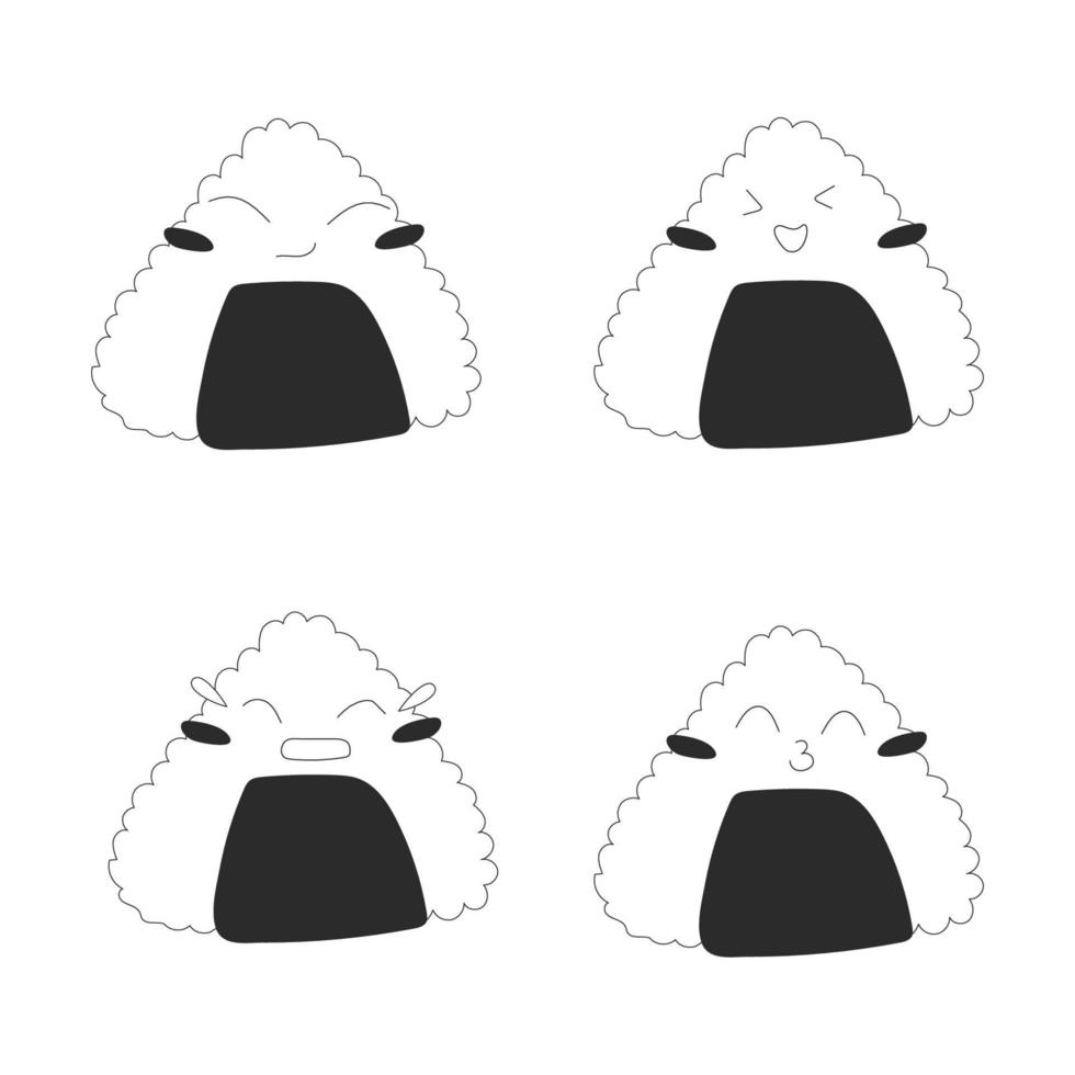 conjunto de onigiri fofo no rosto de algas marinhas com ilustração isolada de emoções comida japonesa. ilustração em vetor estoque isolada no fundo branco. estilo de contorno
