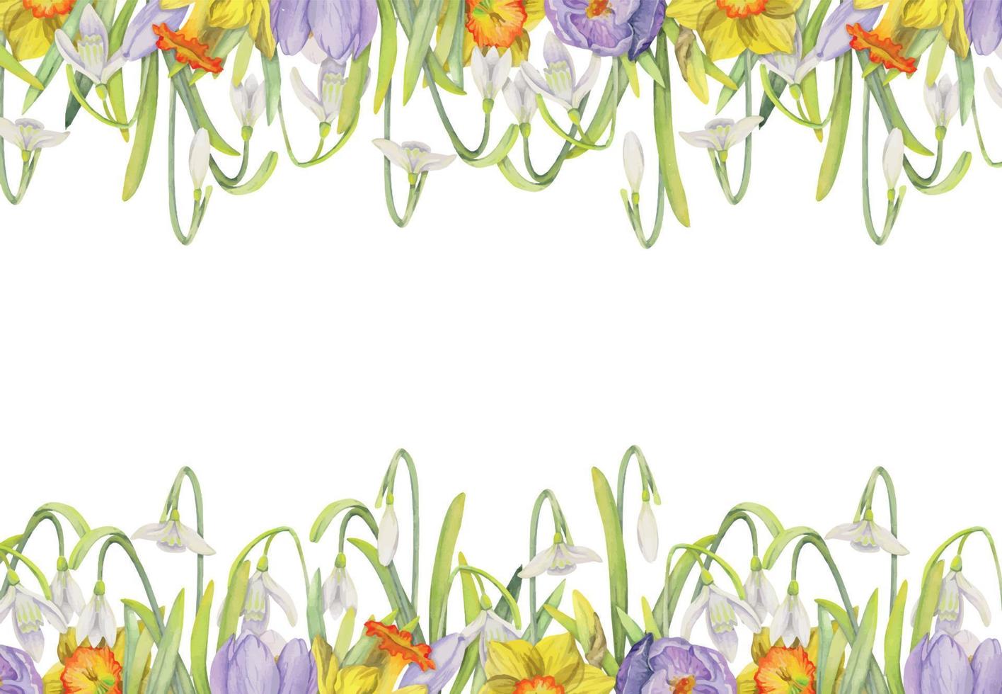 moldura quadrada desenhada à mão em aquarela com flores da primavera, açafrão, snowdrops, narcisos, folhas. isolado no fundo branco. design para convites, casamento, cartões, papel de parede, impressão, têxtil. vetor