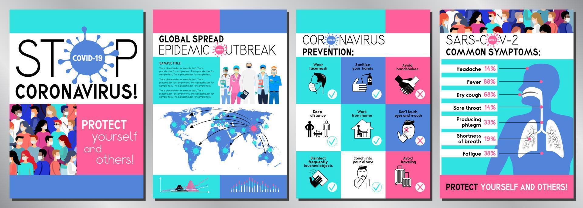 conjunto de cartazes sobre epidemia de coronavírus vetor