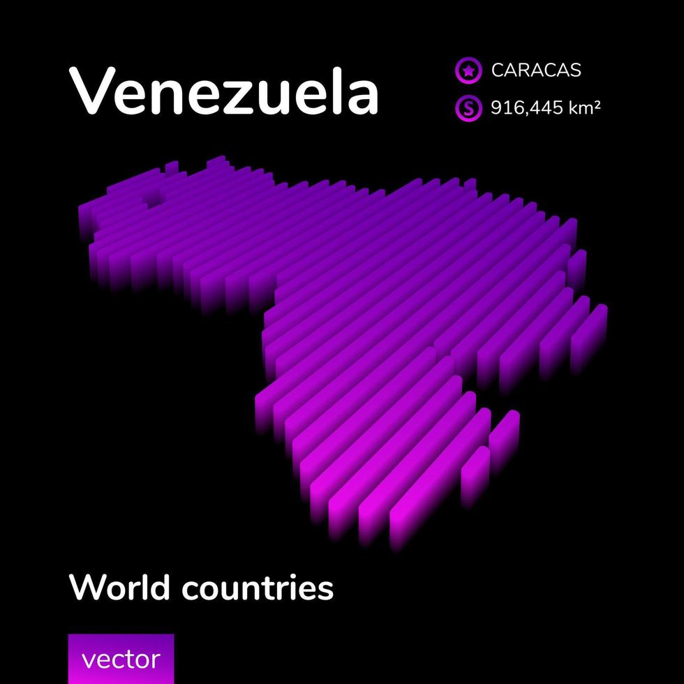 Mapa 3D da Venezuela. mapa de vetores listrados digitais isométricos simples de néon estilizado está em cores violetas em fundo preto. bandeira educacional