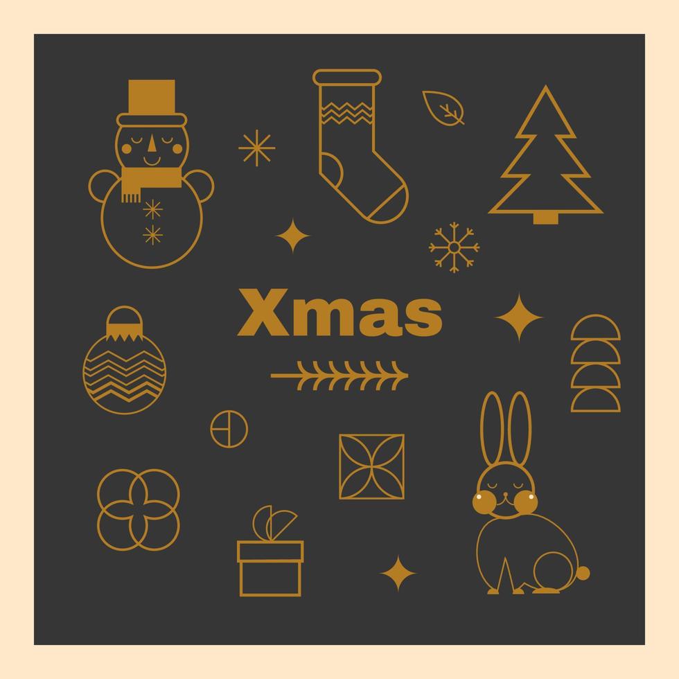 conjunto de elementos de natal linear ouro, coleção geométrica de ícones de natal em preto, símbolos vetoriais de férias de inverno, árvore geométrica minimalista, coelho, meia, boneco de neve, bola, ilustração de ano novo de estrelas vetor