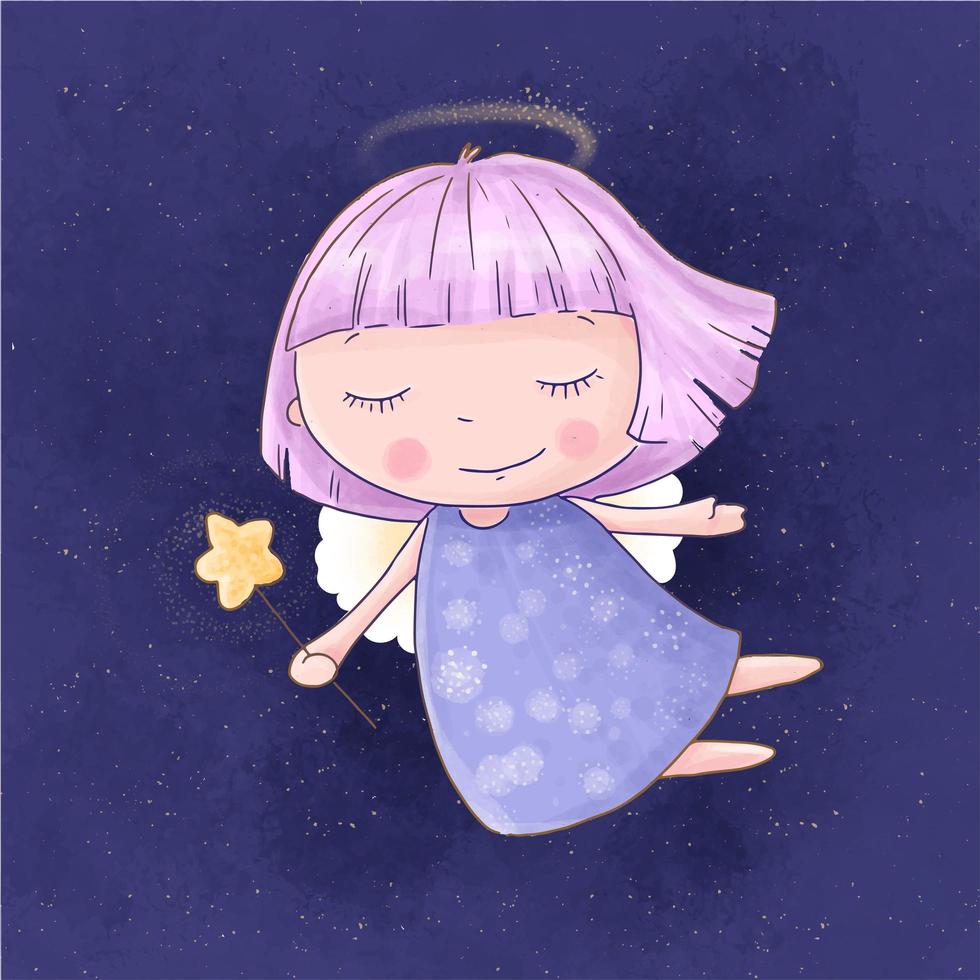 menina anjo de desenho animado com varinha mágica no céu estrelado vetor