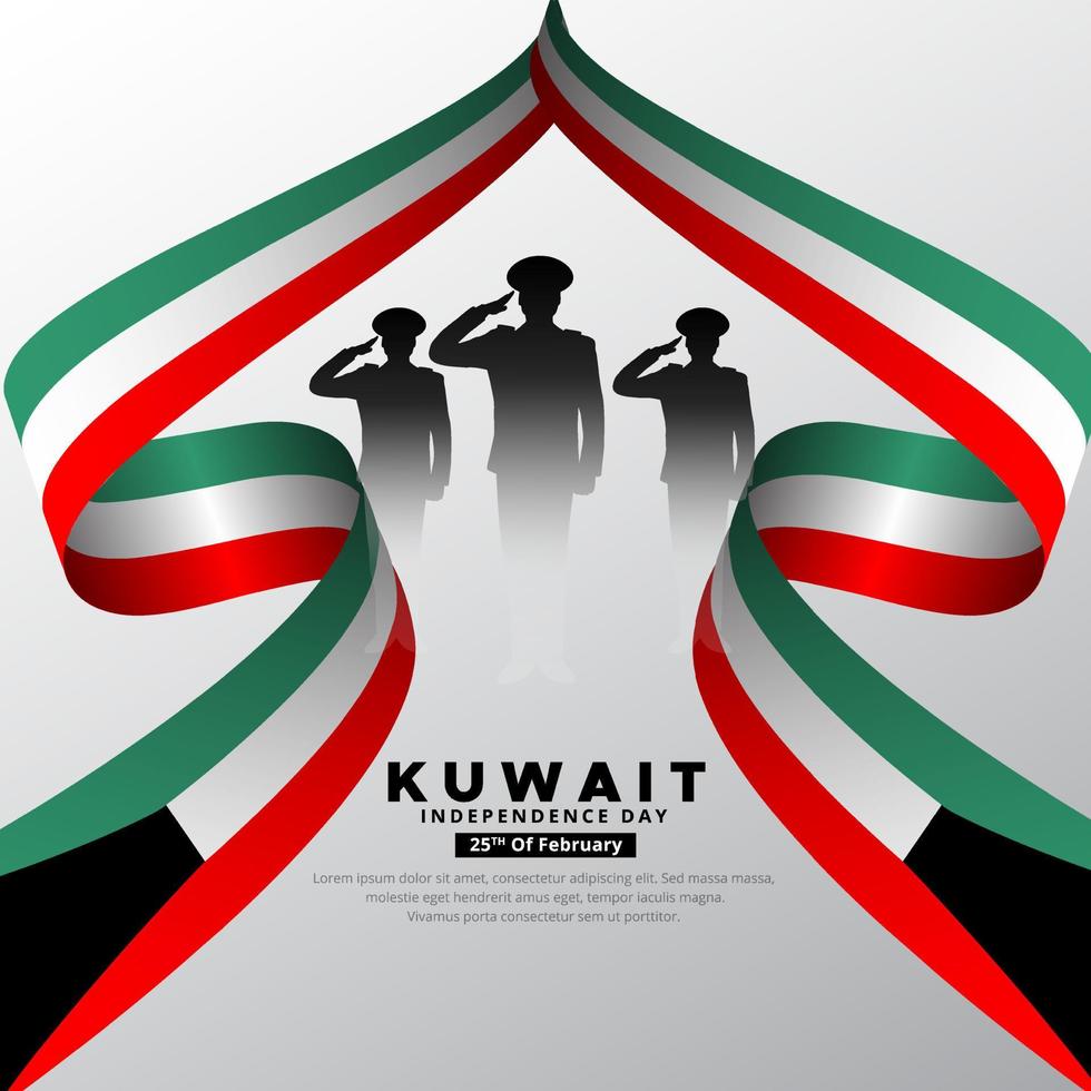 feliz dia da independência do kuwait design com silhueta de soldados e vetor de bandeira ondulada.