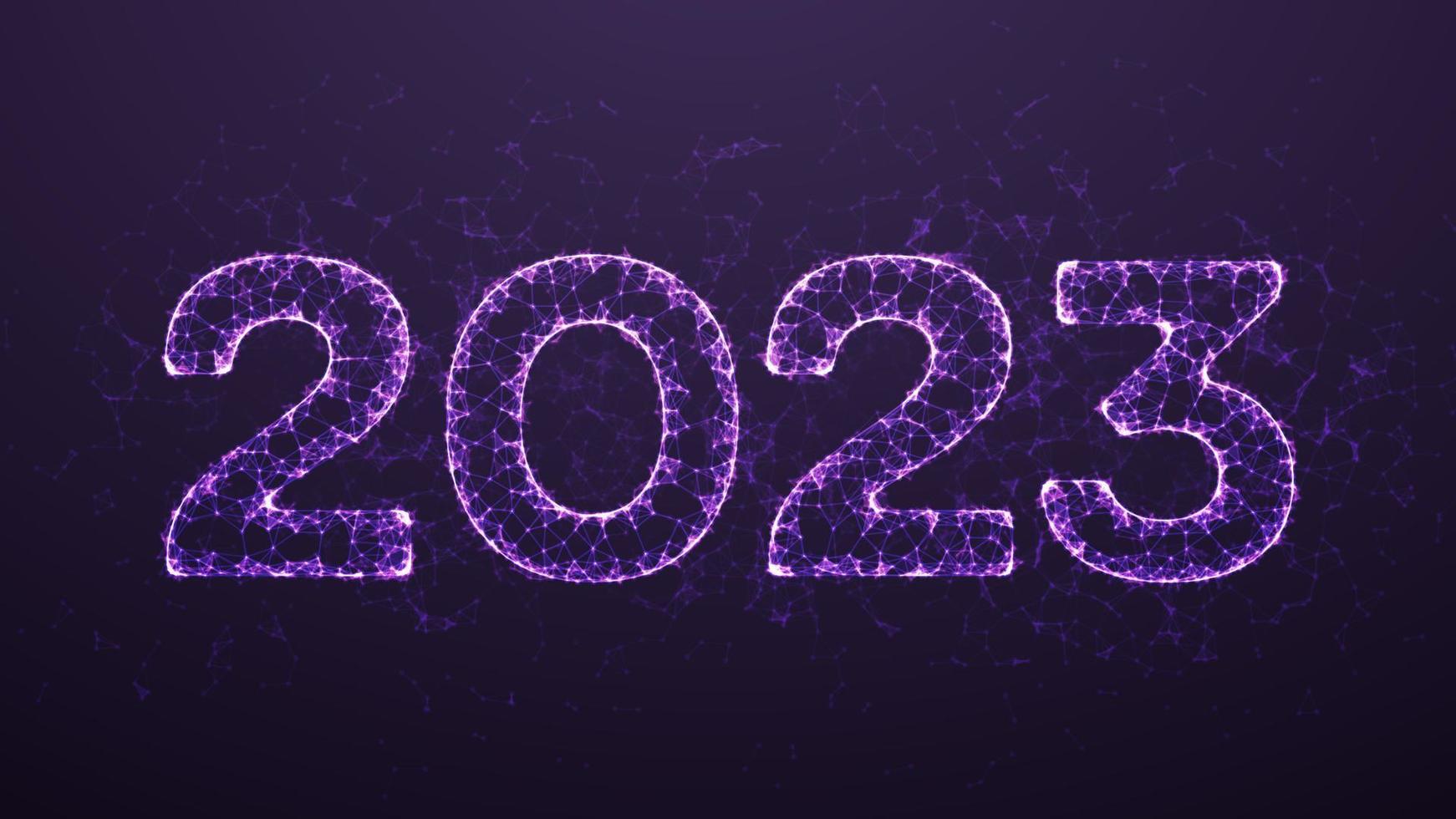 feliz ano novo 2023. 3d geométrico baixo poligonal 2023 números. banner de ano novo, pôster, cartão de felicitações. design de wireframe abstrato moderno. ilustração vetorial. vetor