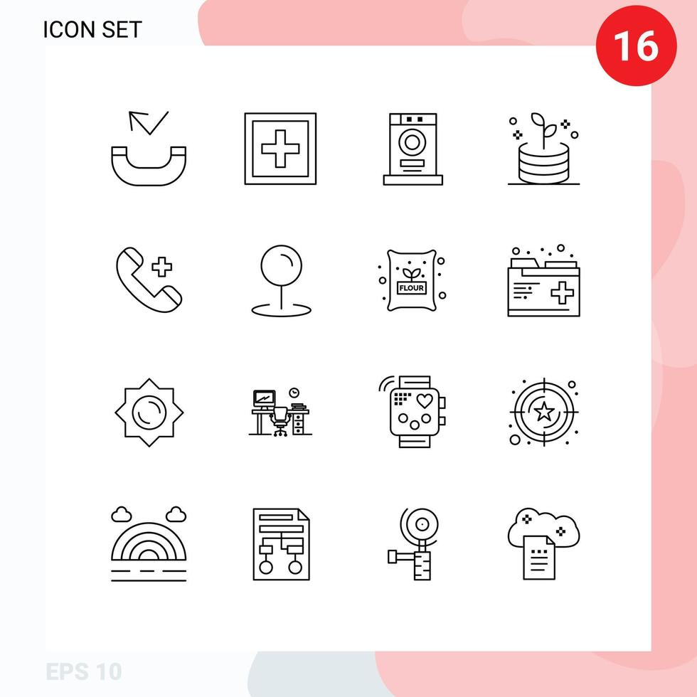conjunto de esboço de interface móvel de 16 pictogramas de elementos de design de vetores editáveis de roupas de chamada de hospital dinheiro negócios