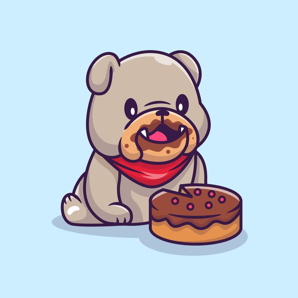 bonito bulldog comendo ilustração do ícone do vetor dos desenhos animados do bolo. conceito de ícone de comida animal isolado vetor premium. estilo cartoon plana