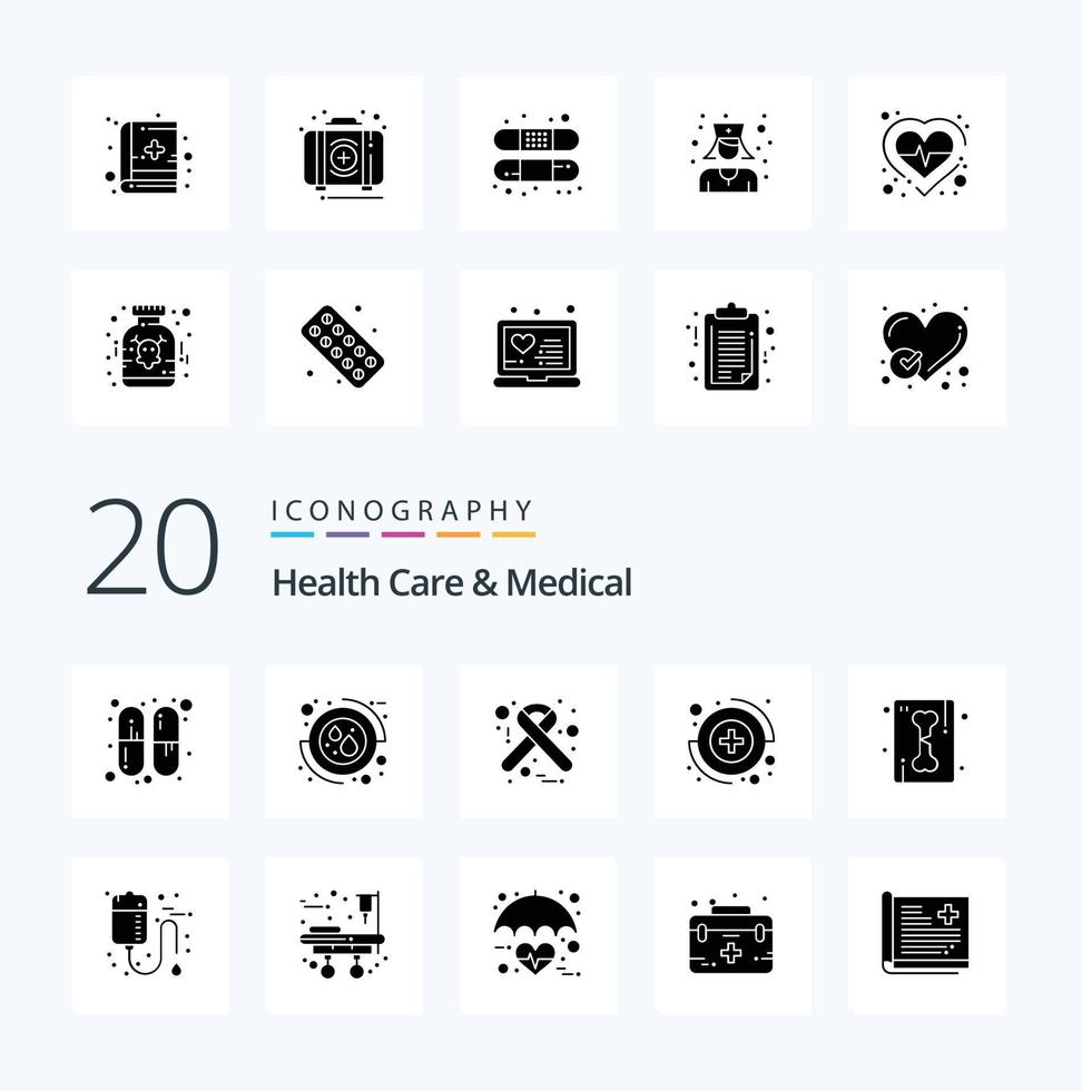 20 cuidados de saúde e pacote de ícones de glifo sólido médico como esqueleto linha de raio X hospital osso médico vetor