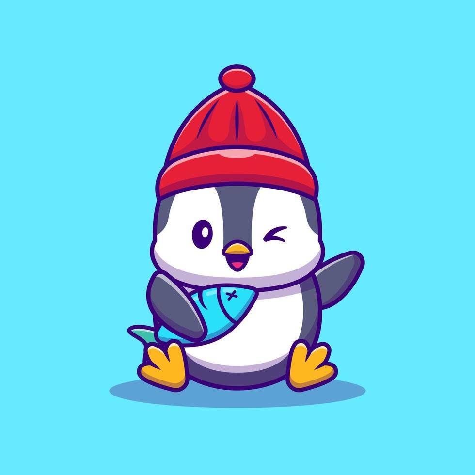 pinguim fofo com ilustração de ícone de vetor de desenho de peixe. conceito de ícone da vida selvagem animal isolado vetor premium. estilo cartoon plana