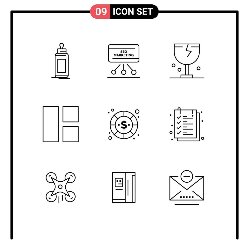 conjunto de 9 sinais de símbolos de ícones de interface do usuário modernos para envio de placa de colagem de imagens frágil elementos de design de vetores editáveis