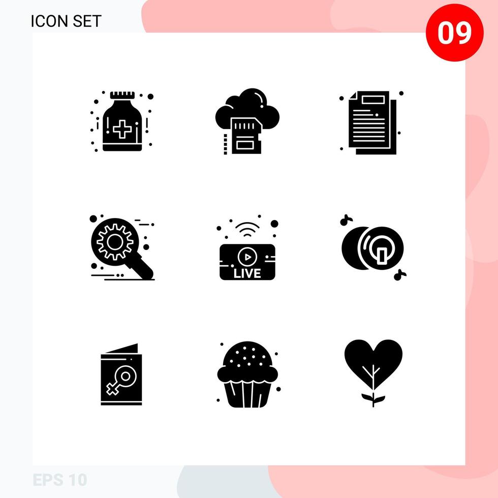 grupo de símbolos de ícone universal de 9 glifos sólidos modernos de trabalho de desenvolvimento de arquivo de otimização de utube elementos de design de vetores editáveis