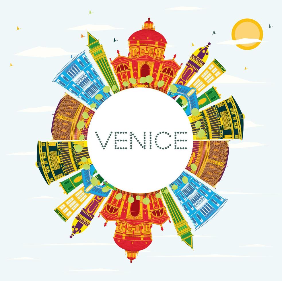 Horizonte de Veneza com edifícios coloridos, céu azul e espaço para texto. vetor