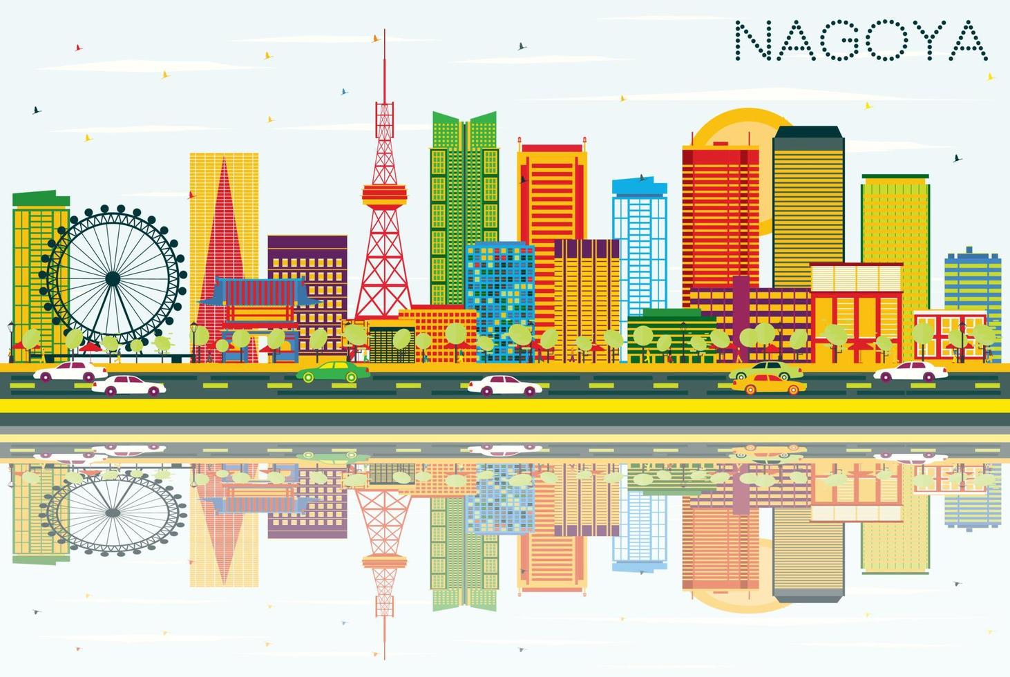horizonte de nagoya com edifícios coloridos, céu azul e reflexões. vetor
