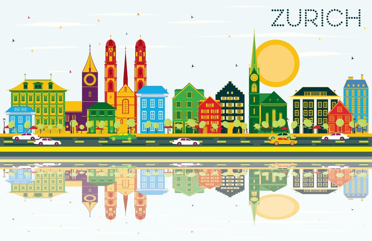 horizonte de Zurique com edifícios de cor, céu azul e reflexões. vetor