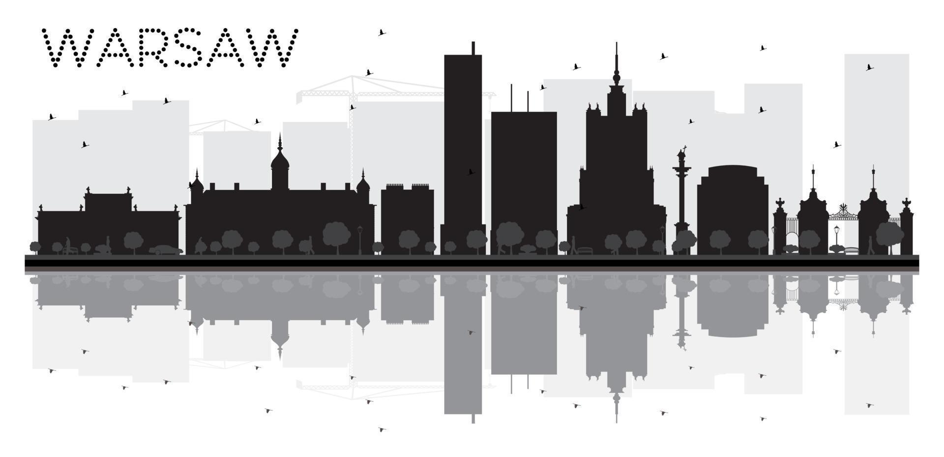 silhueta de preto e branco do horizonte da cidade de Varsóvia com reflexões. vetor