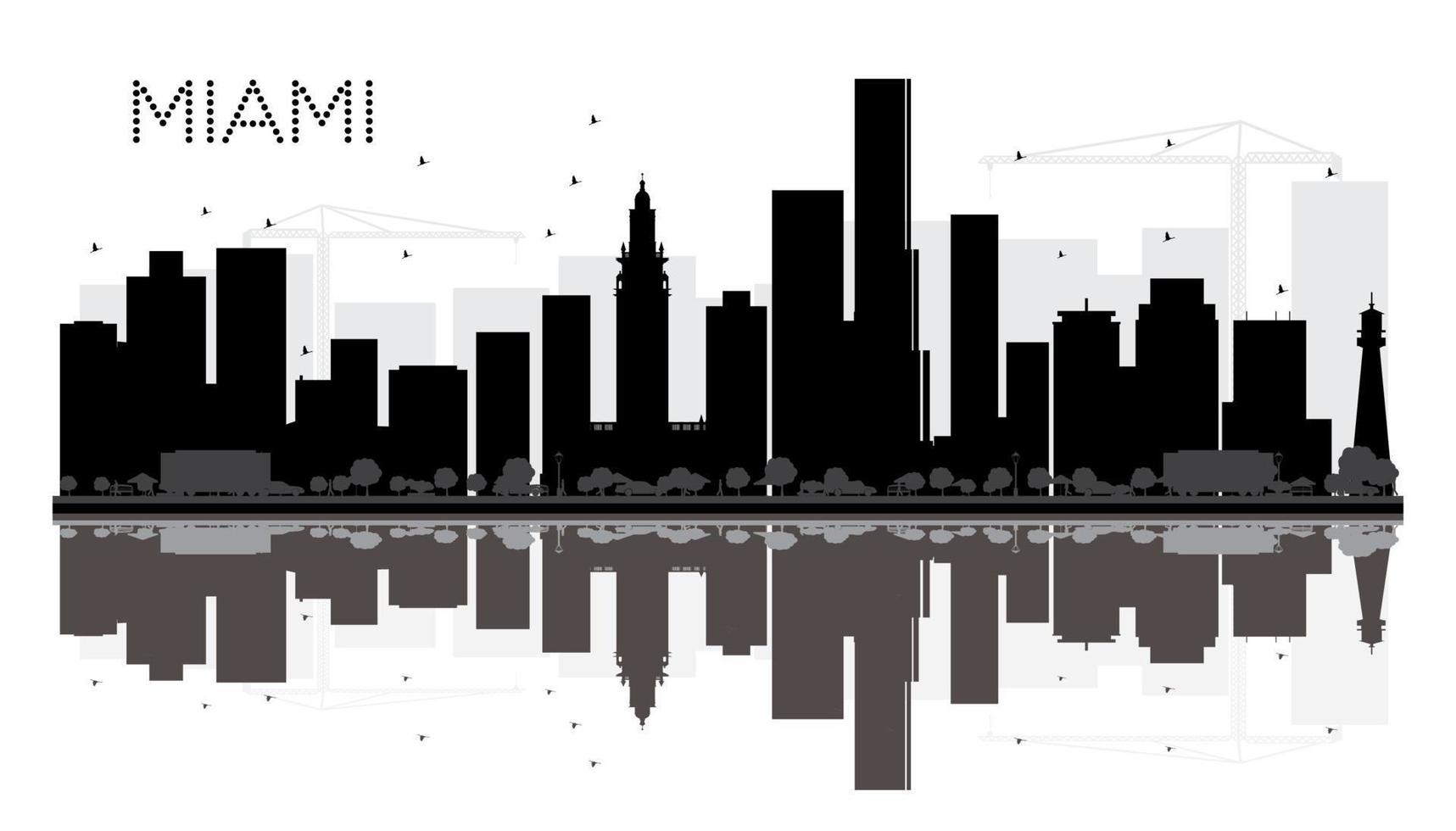 horizonte de cidade de miami silhueta preto e branco com reflexões. vetor