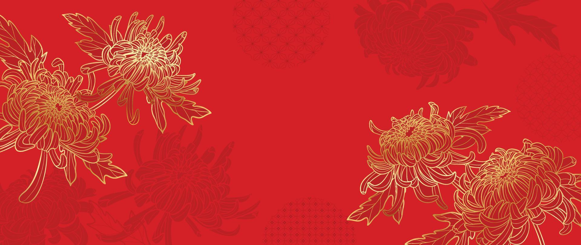 vetor de fundo padrão de estilo de luxo oriental japonês e chinês. flores orientais elegantes mães douradas com fundo vermelho padrão chinês. ilustração de design para papel de parede, cartão, pôster.