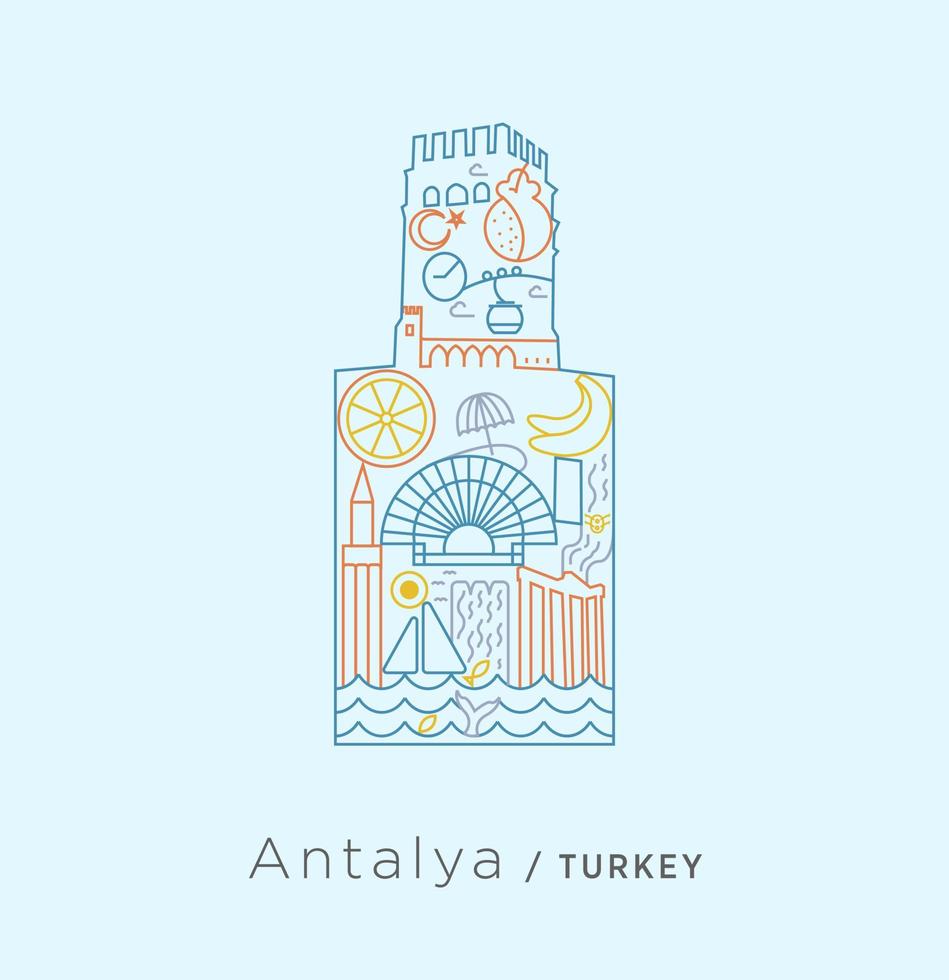 série de ícones exclusiva para a Turquia - colagem no castelo de Antalya. uma colagem em linhas específicas de antalya, como banana, mar, praia, teatro antigo, romã, muralha da cidade, cachoeira e assim por diante. vetor